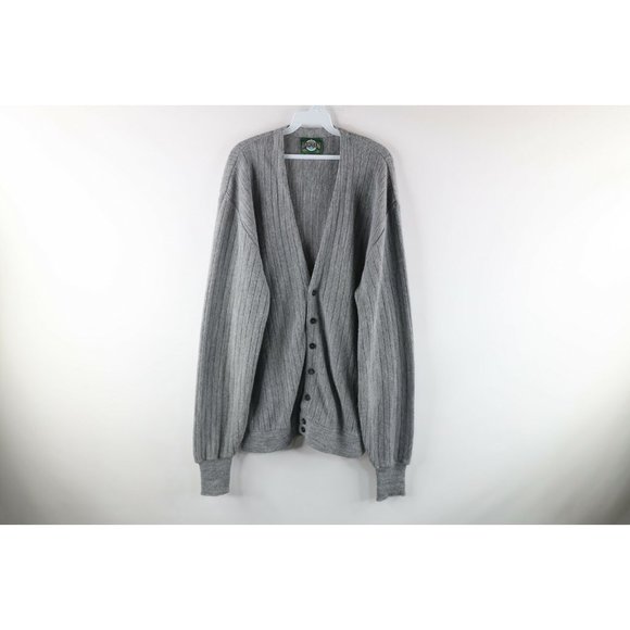 Vtg 90s Grunge Mens XL Tall Knit Kurt Cobain Striped Cardigan Sweater Gray USA